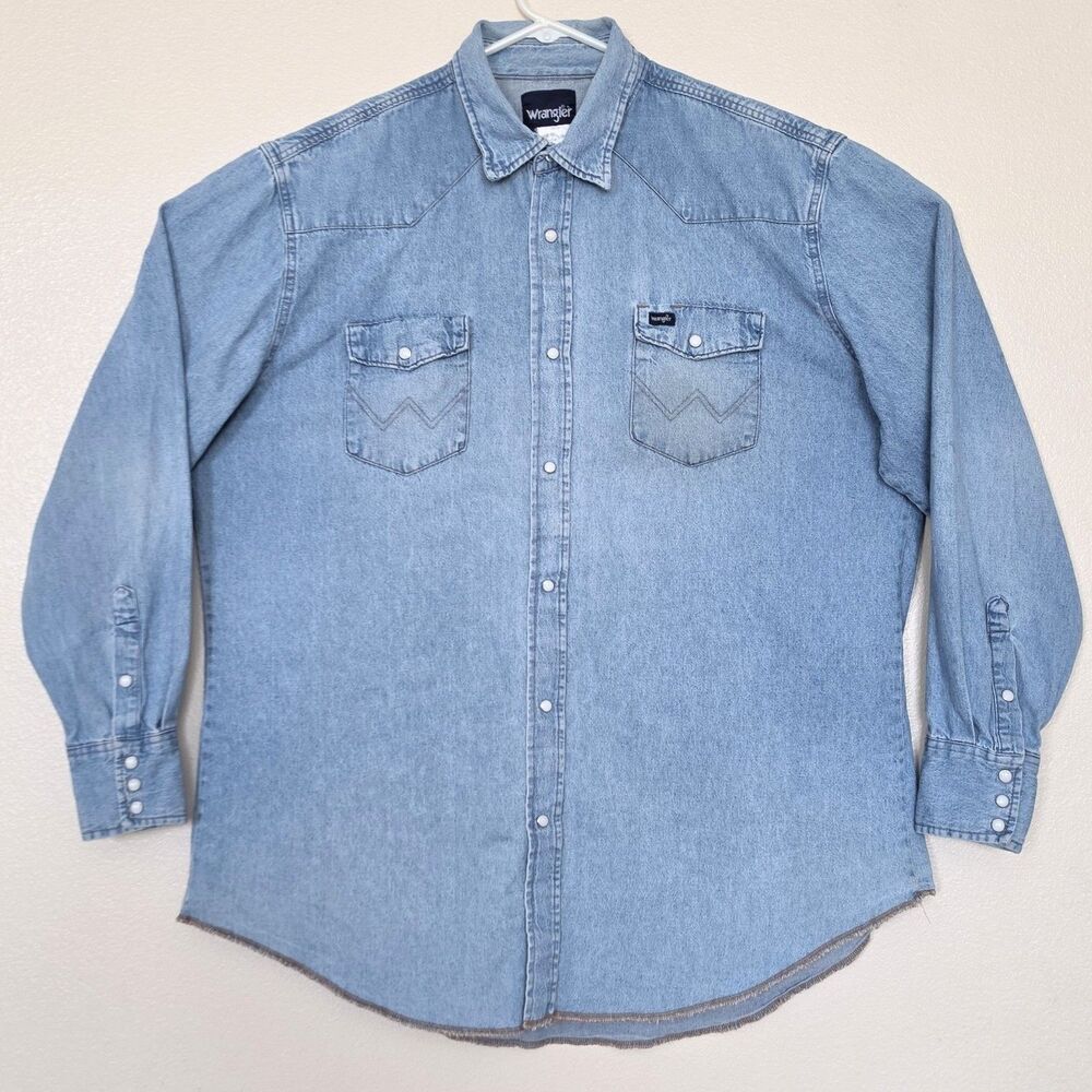 Wrangler Men's Heavy Denim Pearl Snap Button Shirt XL Tall Western Long Sleeve